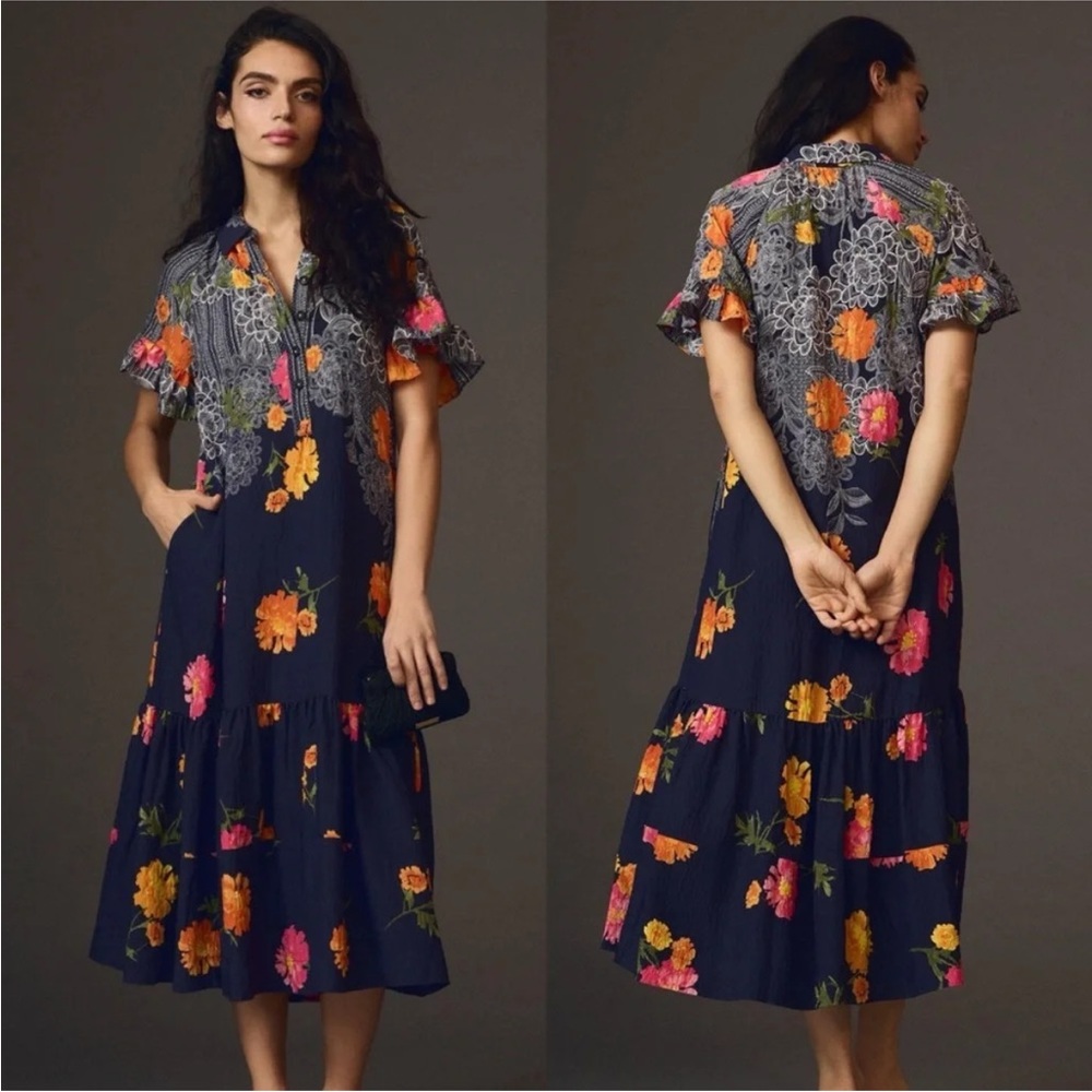 Anthropologie L floral ruffle sleeve maxi dress